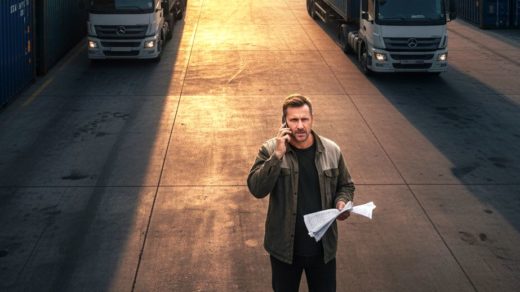 водитель стоит на фоне очереди из фур